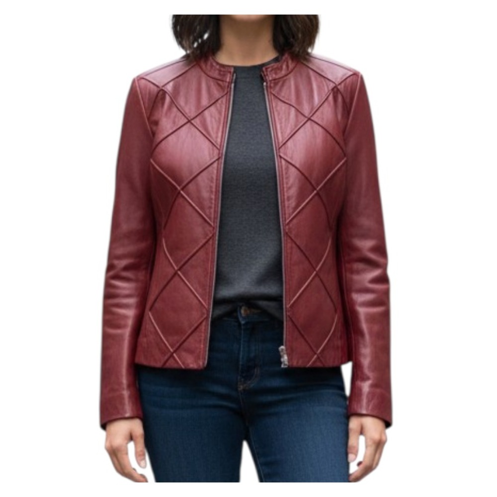 VTG Y2K Mossimo Leather Jacket OXBLOOD DARK RED Moto Cafe Racer Quilted Front S